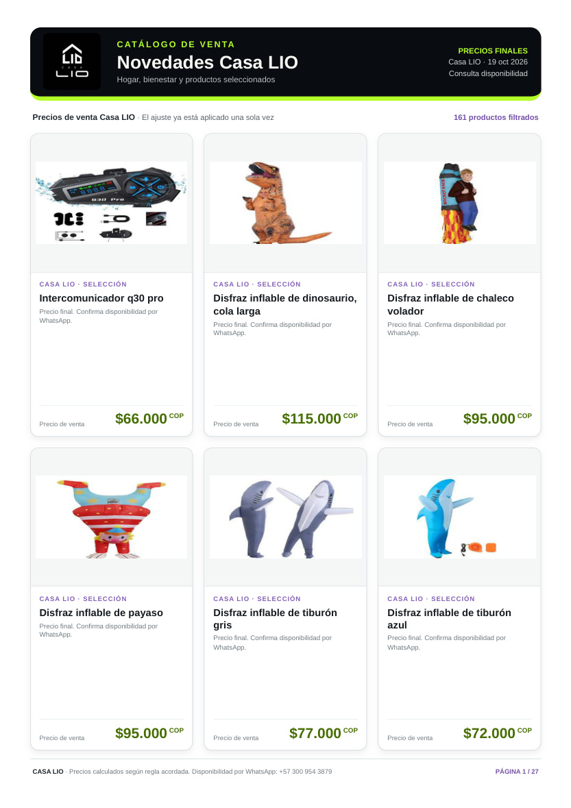 Vista previa del catálogo Casa LIO con logo y precios finales