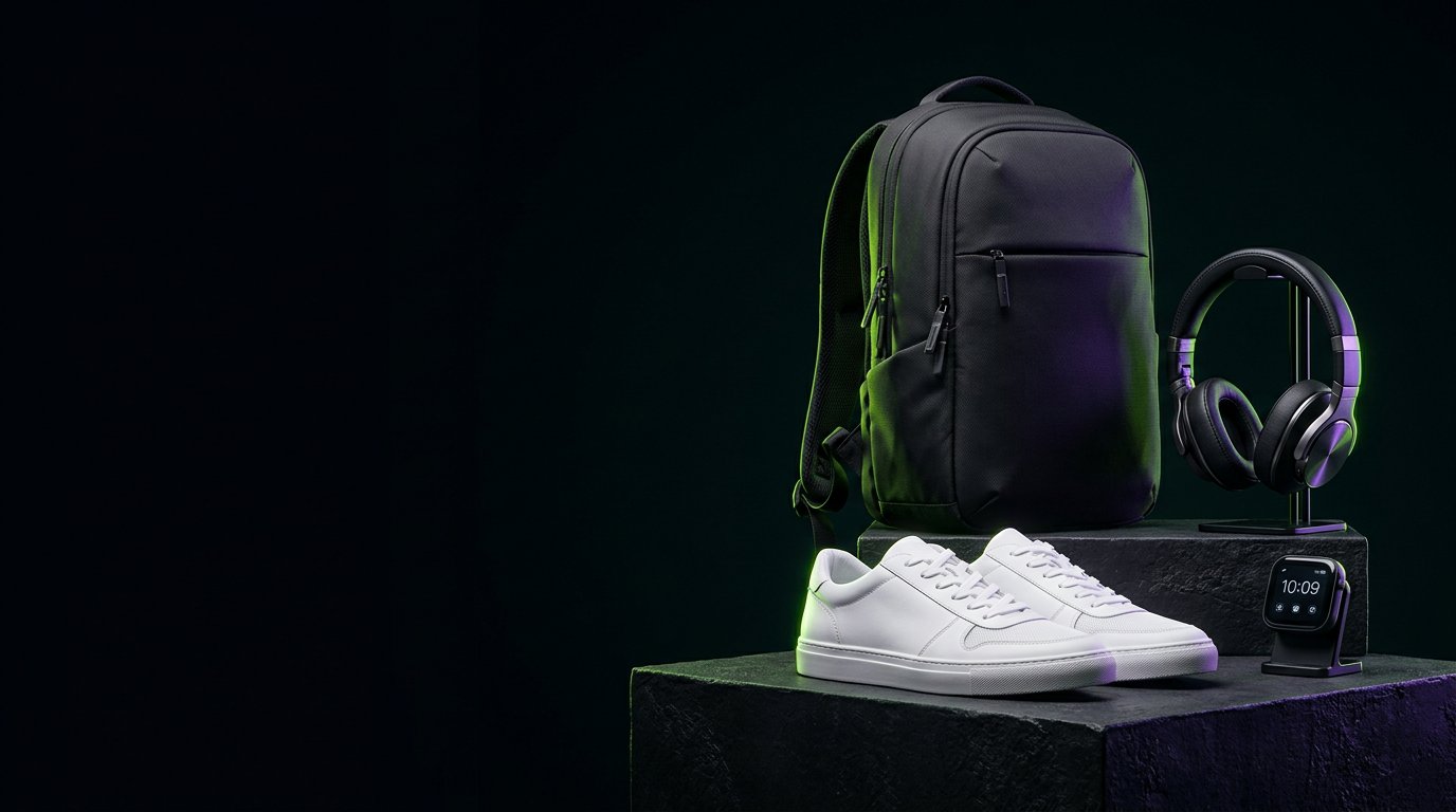 Mochila, audífonos, zapatos deportivos y reloj inteligente, imagen ilustrativa